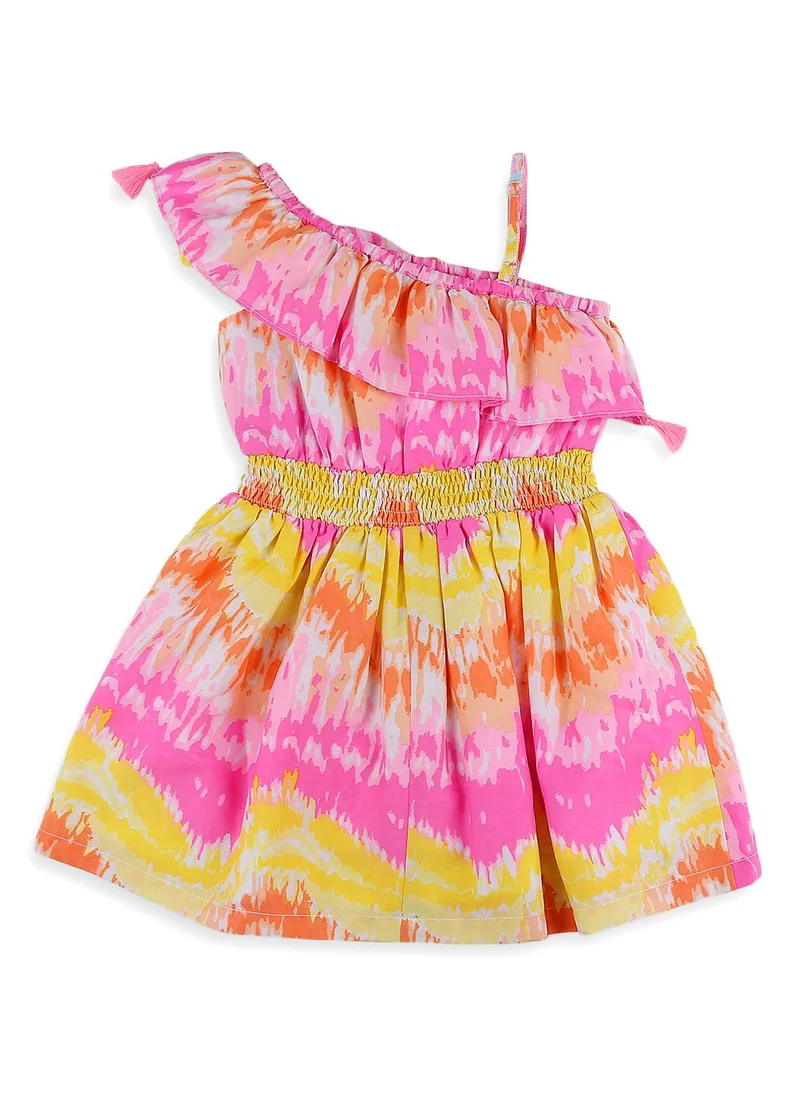 Nautinati  Girls' Cotton Blend One-shoulder Multicolour Abstract Tie-dye Print Fit & Flare Smocked Dress for Women | Best Price UAE